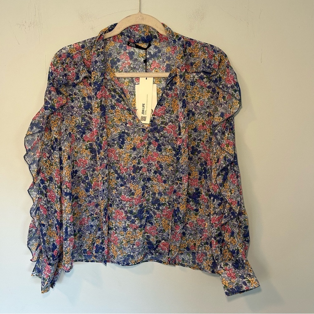 NWT Zara Blue & Pink Sheer Ruffle Tie-Neck Long Sleeve Blouse Size Small